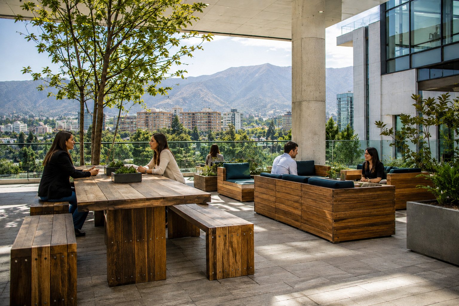 Mobiliario circular de madera recuperada en un espacio corporativo