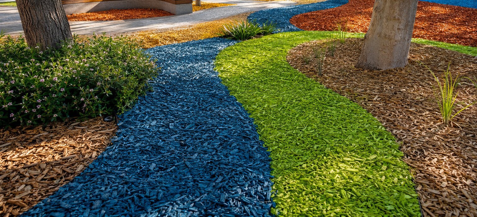 Recorridos de mulch de madera coloreado en un parque